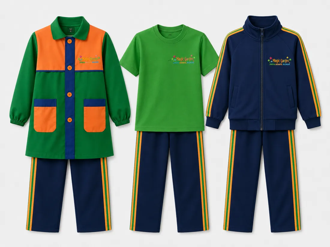Uniforme institucional Magic Garden: delantal verde, naranja y azul; polera verde; y buzo azul marino con franjas verde y naranja.