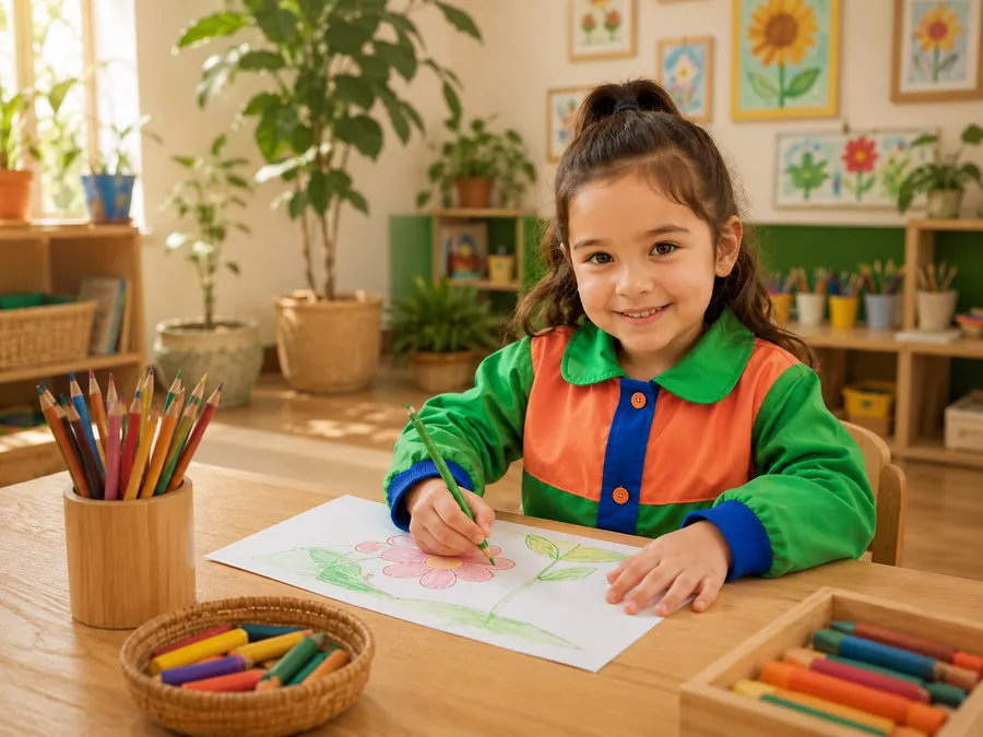 Niña con delantal institucional dibujando una flor con lápices de colores.