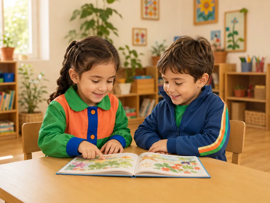 Dos niños con uniforme institucional leen juntos un libro ilustrado.