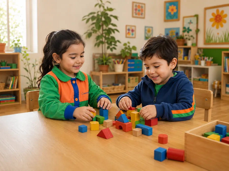Dos niños construyen con bloques de madera de colores sobre una mesa.