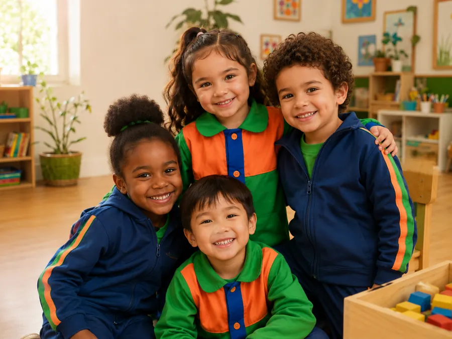 Grupo de cuatro niños y niñas con uniforme institucional sonriendo juntos.